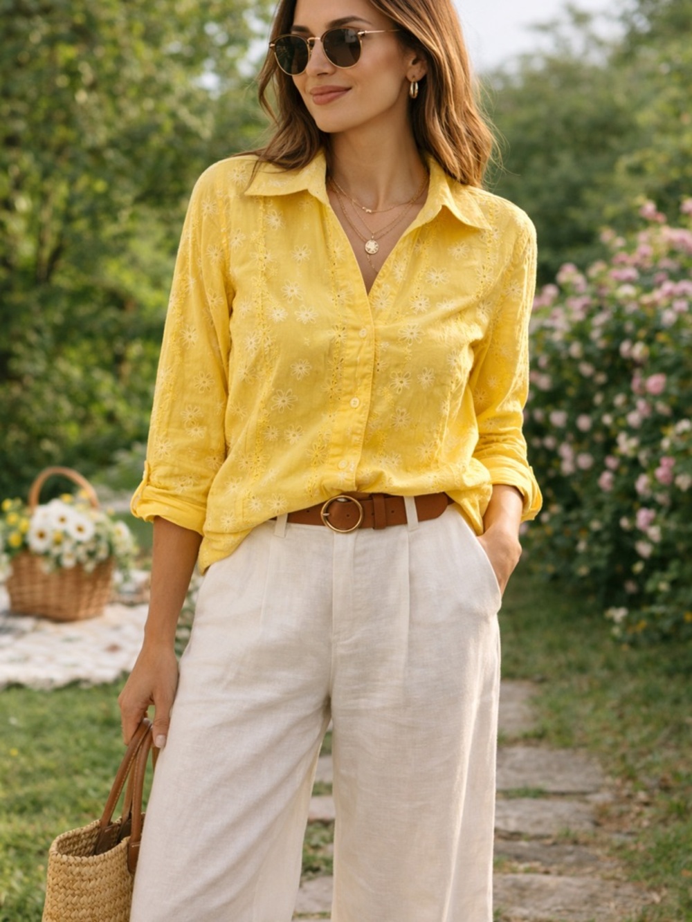 Yellow Floral Button Down Blouse M | Cottagecore Spring Top‎ Lightweight